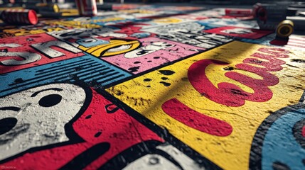 Close-up of Comic Book Style Textured Surface with Bold Colors and Cartoon Characters