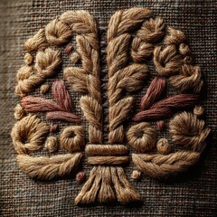 Close-up of detailed gold and reddish-brown embroidery with floral motif on dark textured fabric