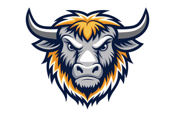 Fototapeta premium Intense horned bull head in gray, gold, and navy stares fiercely forward against white