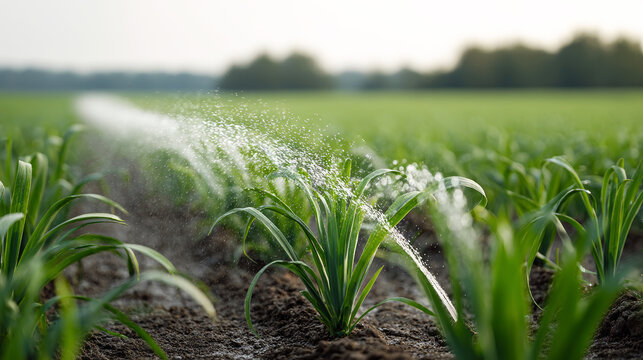 Fototapeta Sprinklers irrigating a field of young leek plants, ensuring their growth and contributing to a sustainable agricultural practice