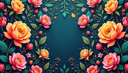Floral botanical elements in a repeating arrangement, romantic, wallpaper, colorful