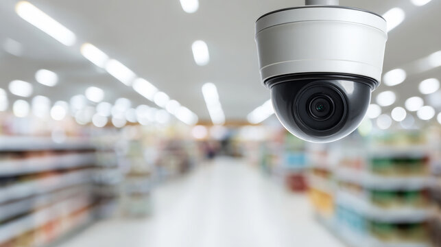 Surveillance camera focusing on grocery store aisle, capturing potential theft risks and ensuring retail loss prevention