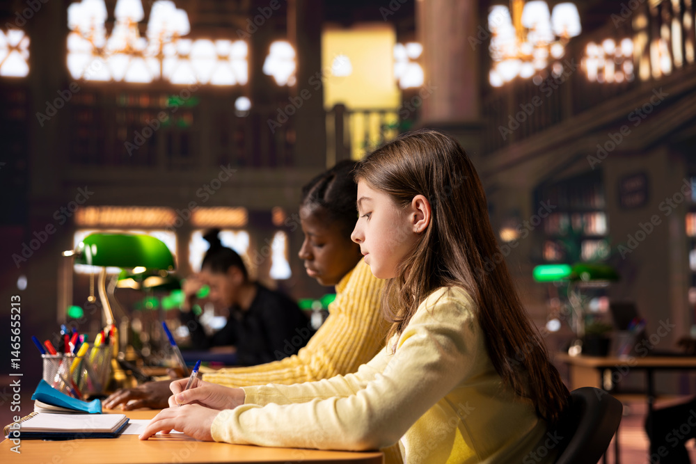 Poster two young students preparing for a lecture and writing ideas in notebooks at a study desk in a libra
