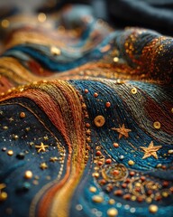 Close-up of richly colored embroidered fabric with intricate swirling patterns, stars, beads, and textured stitching in vibrant blues, oranges, and golds