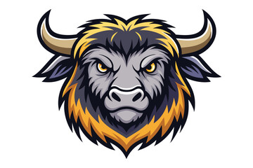 Cartoon bull head fiercely stares with golden eyes, showcasing its horns and detailed fur