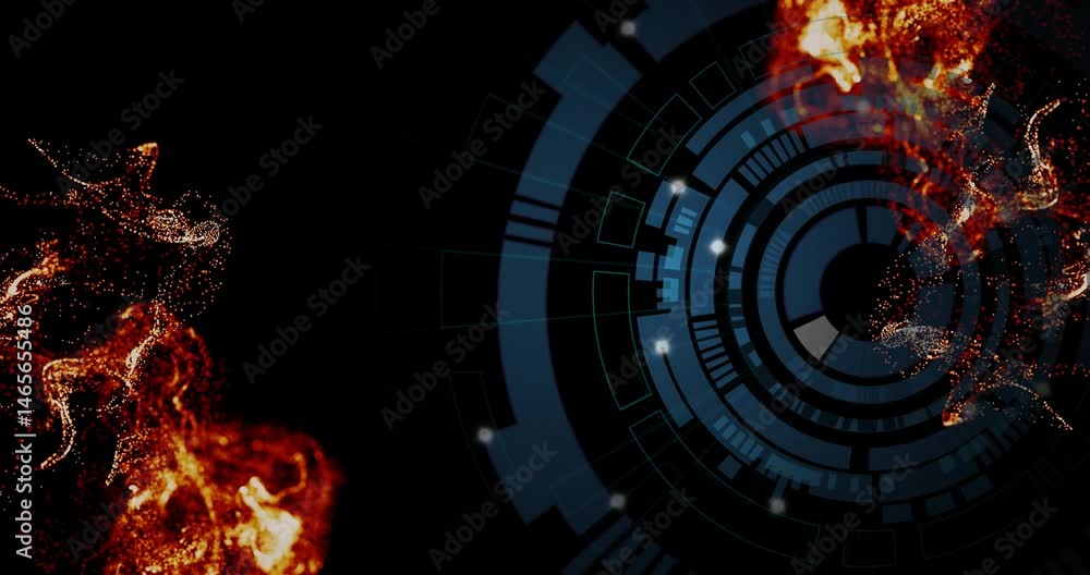 Poster displaying 3d blue concentric hud interface while red-orange particle plume shimmering with sparks