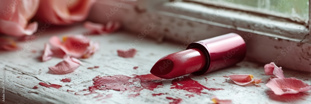 Aufkleber melted lipstick creating a vibrant splash on a sunny windowsill surrounded by delicate flower petals
