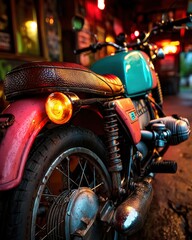 Close-up of vintage motorcycle rear wheel with teal and pink body, leather seat, rusty suspension, illuminated amber signal, warm interior background