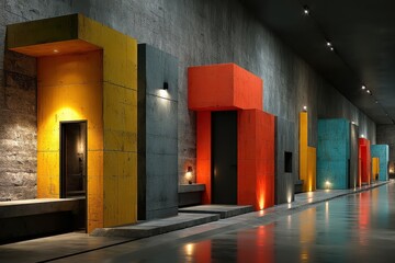 Colorful Cubic Architectural Corridor with Recessed Lighting and Reflective Floor