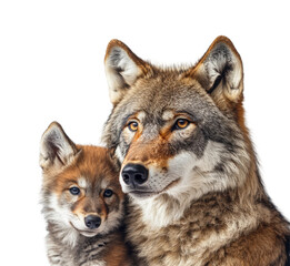 Fototapeta premium Wolf mother and cub portrait wildlife habitat natural isolated on transparent background