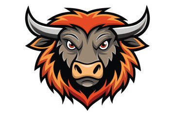Fototapeta premium Angry cartoon bison with detailed orange fur, sharp horns, and piercing eyes stares ahead