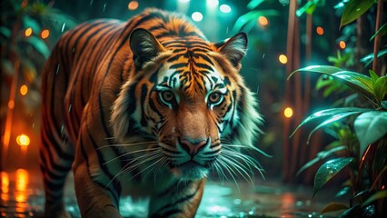 Close-up of a tiger walking in the rain, cinematic lighting 