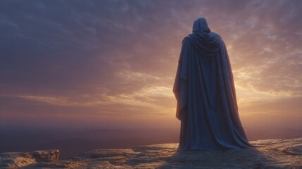 Contemplative solitude a religious figure silhouetted at sunset