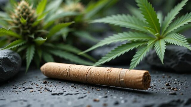 Close up shot of a blunt with cannabis leaves and rocks on a dark textured surface in studio