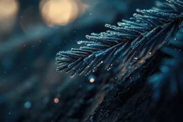 Frost-covered pine needles glisten in the soft winter light, a serene winter scene.