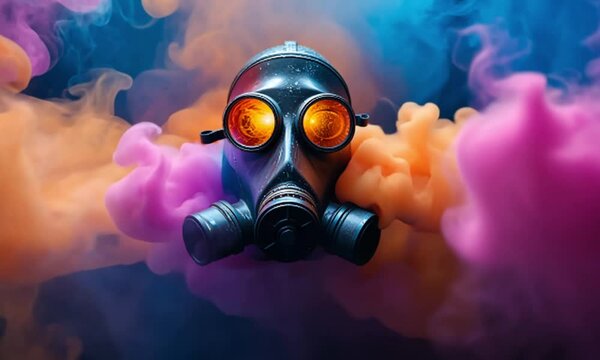 Dark gas mask surrounded by colorful smoke.