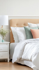 Cozy sunlit bedroom interior design with elegant bedding and pastel tones