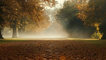 Misty autumn woodland path with falling leaves and golden sunlight glimpses - Powered by Adobe