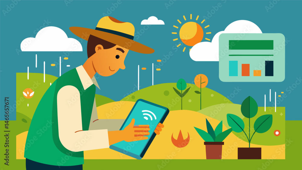 Poster a farmer using weather data to determine when to plant cover crops to improve soil health and nutrie