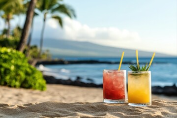 Tropical cocktails on a beach with straws for vacation, relaxation, and summer themes.