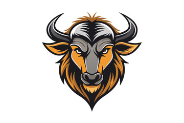 Aggressive wildebeest mascot with black horns and intense gaze radiates strength and determination