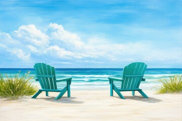 Beach scene with teal chairs facing the ocean for relaxation and vacation themes, travel blogs, and coastal decor
