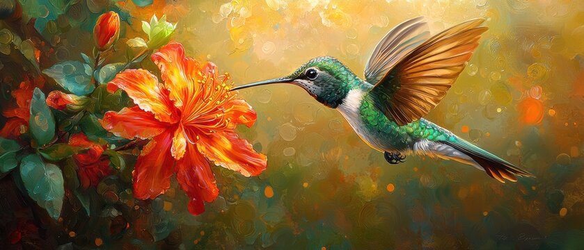 Midflight hummingbird sips nectar from vibrant flower