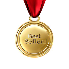 Golden "Best Seller" badge with red ribbon and Sunburst Design on transparent background
