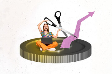 Trend artwork design 3D collage sketch of young lady sit big coins work laptop scissors finger...