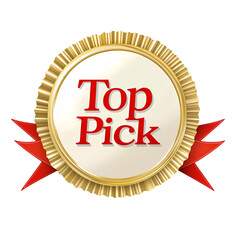 "Top Pick" Golden Badge with Red Ribbon and Star Icon on transparent Background