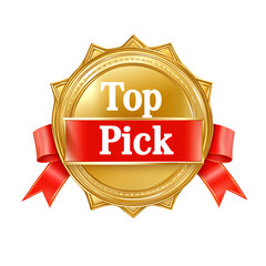 "Top Pick" Golden Badge with Red Ribbon and Star Icon on transparent Background