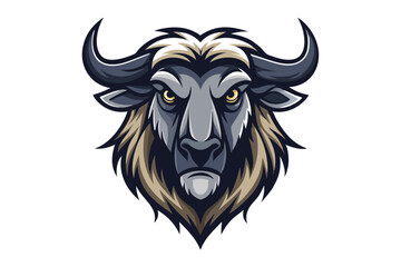 Majestic wildebeest gazes intensely forward, its robust horns and striking fur prominently displayed against white