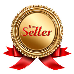 Golden "Best Seller" badge with red ribbon and Sunburst Design on transparent background
