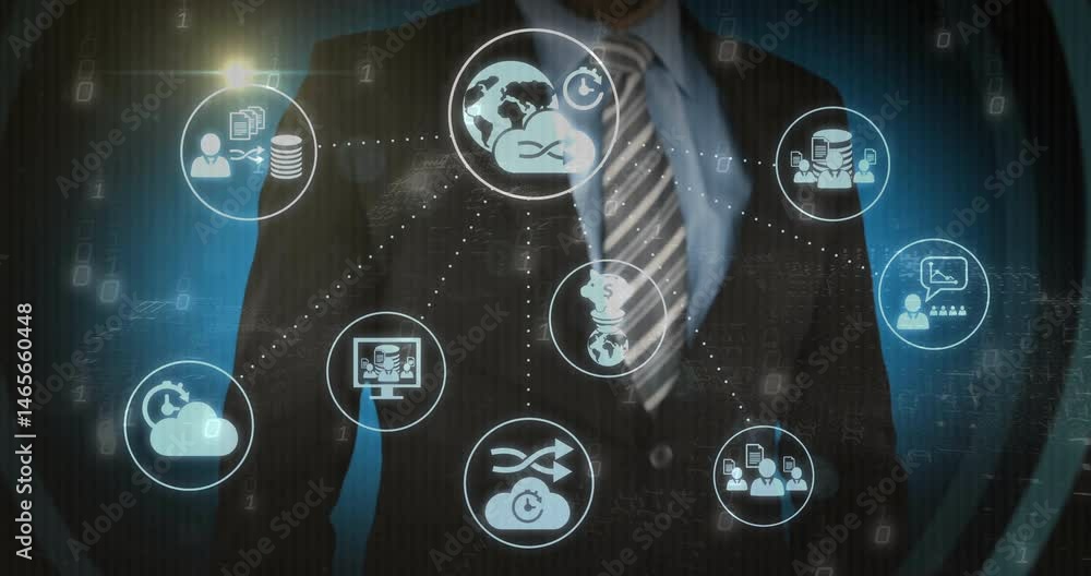 Poster business torso being animated on blue backdrop, floating finance and data icons connecting networks