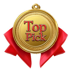 "Top Pick" Golden Badge with Red Ribbon and Star Icon on transparent Background