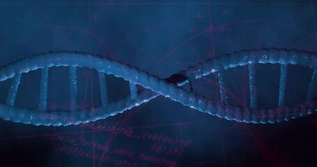 DNA double helix twisting across dark background, glowing blue chains with purple data overlays - Powered by Adobe