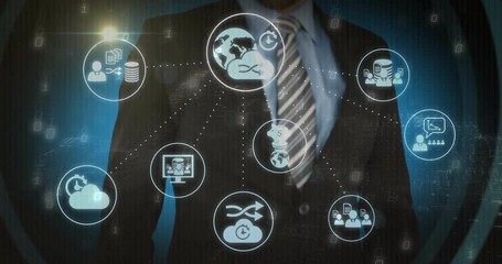 Business torso being animated on blue backdrop, floating finance and data icons connecting networks - Powered by Adobe