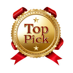 "Top Pick" Golden Badge with Red Ribbon and Star Icon on transparent Background