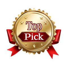 "Top Pick" Golden Badge with Red Ribbon and Star Icon on transparent Background