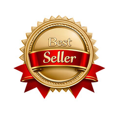 Golden "Best Seller" badge with red ribbon and Sunburst Design on transparent background
