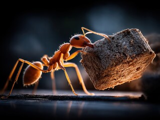 Close-up of a reddish-orange ant lifting a textured brown cube-shaped object with detailed legs and body