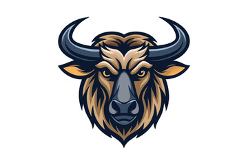 Fierce wildebeest mascot head showcases its sharp horns and intimidating glare