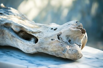 Weathered driftwood, showing texture and age, rests on a marble surface.