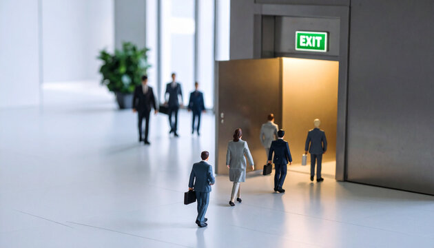 Visual metaphor for mass layoffs showing employee figures exiting a building through a marked door