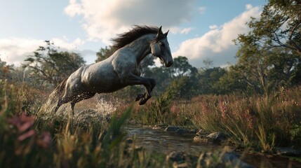 Fototapeta premium Light gray horse leaping over stream with splashing water, dark mane, and natural landscape background