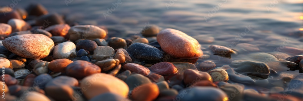 Poster smooth pebbles reflect sunlight beside a tranquil lake during golden hour on a peaceful summer day g