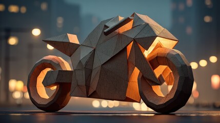 Low-poly wood-style motorcycle model with internal illumination on dark surface with blurred city background
