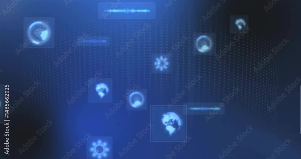 Poster data interface floating over grid, showing globe and gear icons, progress rings and waveform bars