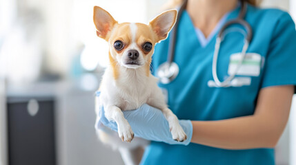 Concerned pet owner holding chihuahua in veterinary setting for animal pain awareness