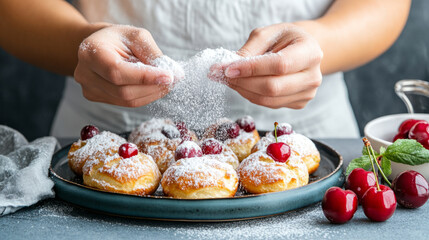 Cherry popover day celebration with home baker sprinkling powdered sugar for perfect dessert presentation
